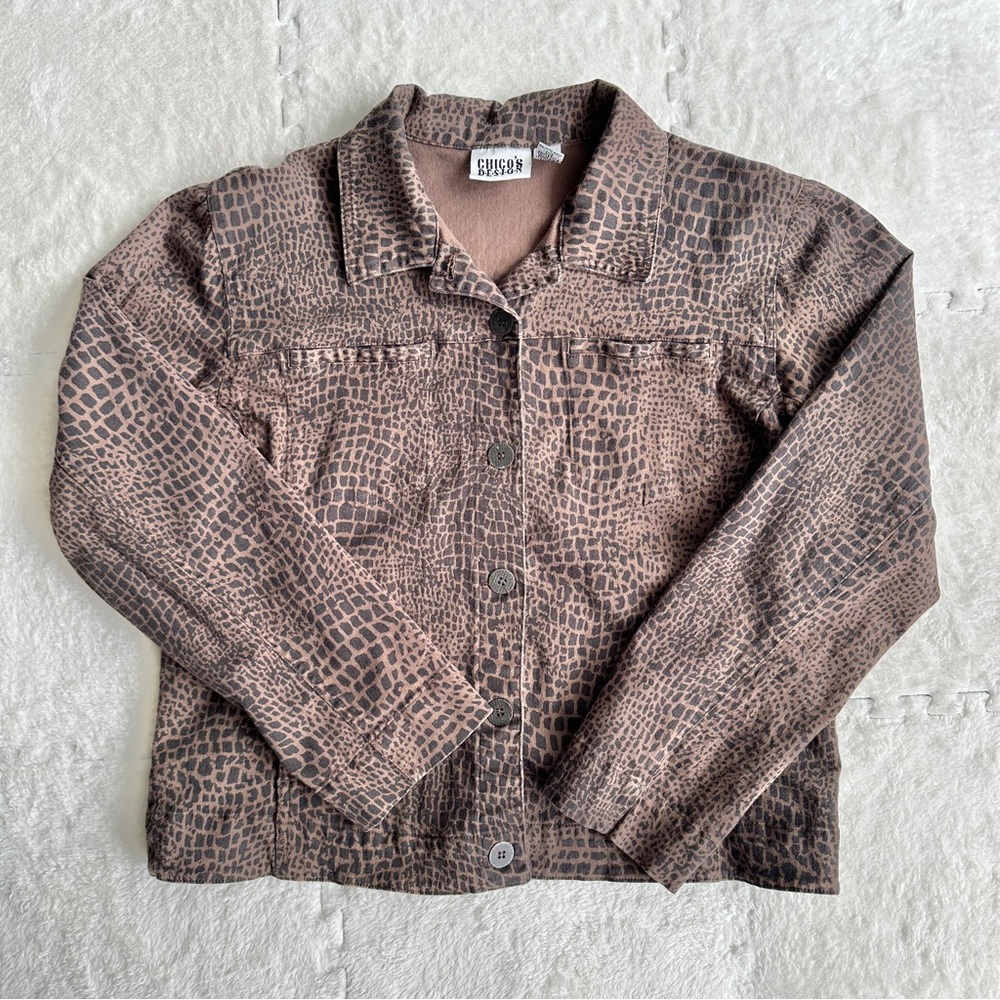 Chico’s Design brown animal print button up jacket, size 1